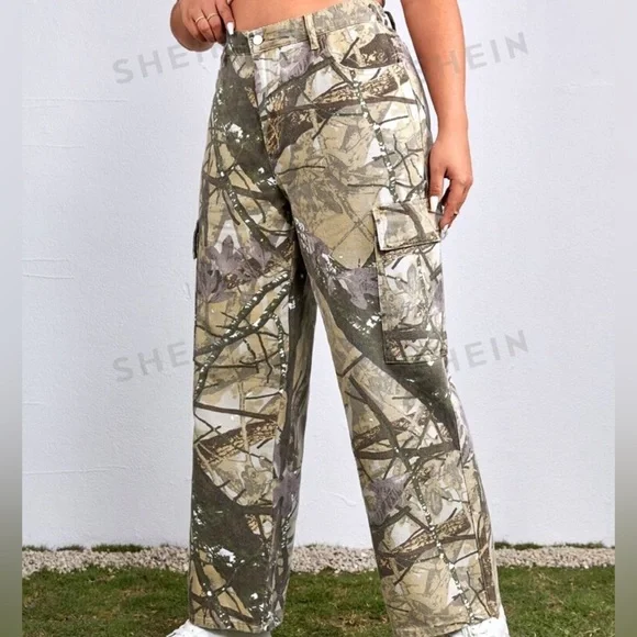 SHEIN Camouflage Cargo Denim Jeans Allover Print Tall Size Small - Picture 10 of 12